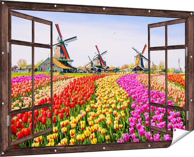 Gards Tuinposter Doorkijk Kleurrijke Tulpen Bloemenveld - Windmolen - 180x120 cm - Tuindoek - Tuindecoratie - Wanddecoratie buiten - Tuinschilderij