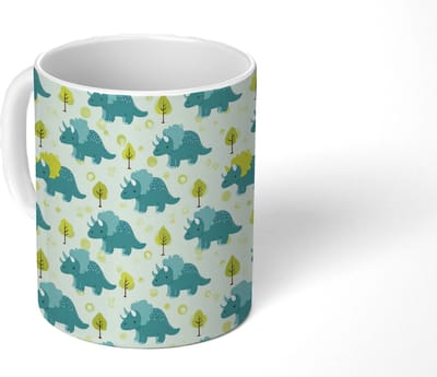 Mok - Koffiemok - Triceratop - Blauw - Stippen - Boompjes - Mokken - 350 ML - Beker - Koffiemokken - Theemok