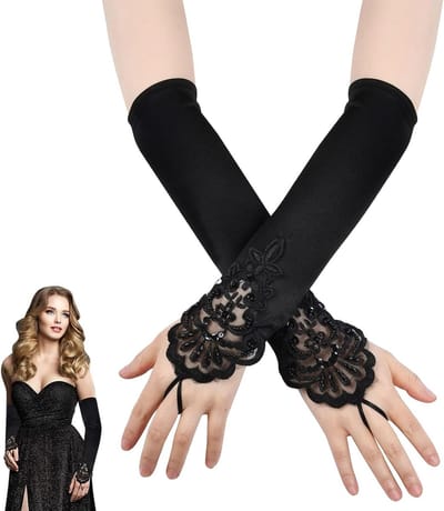 Zwarte Kanten Vrouwenhandschoenen met Spring Point voor Bruiloft, Theeparty en Avondkleding Accessoires