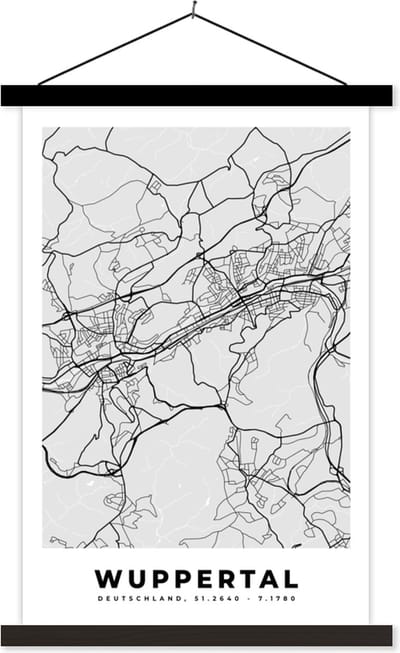 Posterhanger incl. Poster 40x60 cm - Schoolplaat - Duitsland - Plattegrond - Kaart - Wuppertal - Stadskaart - Textielposter - Zwarte latten - Stadskaart
