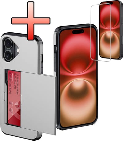 Hoes Geschikt voor iPhone 16 Hoesje Pasjeshouder Hard Cover Met Screenprotector Shock Proof Hard Case Hoes Met Kaarthouder - Grijs