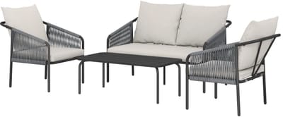 4-delige Tuinset - Polyrattan Loungeset met 2-Zitsbank, 2 Fauteuils, Salontafel & Kussens - Tuinmeubelset voor 4 Personen - Tuinbank - Zitset - Tuinsalon voor 4 Personen - Zitgroep - voor Terras, Balkon, Tuin - Khaki + Lichtgrijs + Zwart