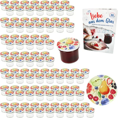 Set van 100 bekers 125 ml jampot inmaakpot Inmaakpot To 66 comic fruitdeksel incl. diamantsuiker gelei receptenboekje