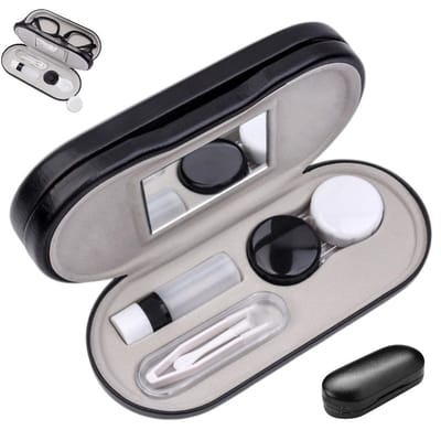 Brillenkoker hard case - brillenetui - Contactlenshouder - lenzendoosje - Brillenkoker 2 in 1 - met Spiegel - Met lenzendoosje - pincet - vloeistofhouder en spiegeltje - Zwart - Handig voor onderweg