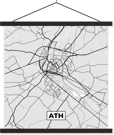 Posterhanger incl. Poster 60x60 cm - Schoolplaat - Stadskaart – Zwart Wit - Kaart – Ath – België – Plattegrond - Textielposter - Zwarte latten - Stadskaart