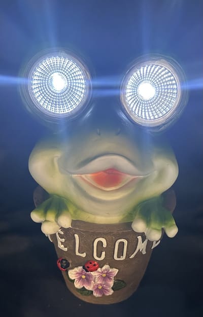 Polyresin solarlamp "kikker in bloempot + Welcome" - meerkleurig - met 2 LEDs - Staand model - hoogte 26 x 18 x 10 cm - Tuindecoratie - Tuinverlichting