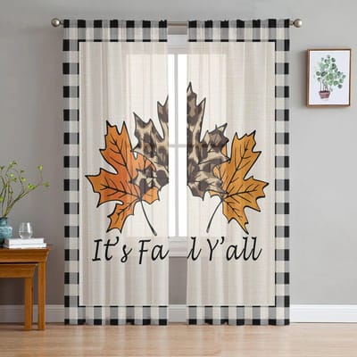Herfst Pompoen Esdoornblad Gordijn Tule Decoratieve Transparante Gordijnen voor Woonkamer Slaapkamer Keuken Hotel Raampanelen 135W x 114H(cm) white