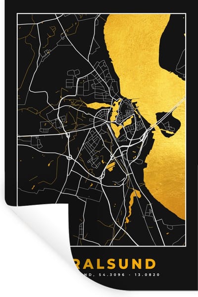 Muurstickers - Sticker Folie - Stralsund - Goud - Plattegrond - Kaart - Stadskaart - Duitsland - 20x30 cm - Plakfolie - Muurstickers Kinderkamer - Zelfklevend Behang - Zelfklevend behangpapier - Stickerfolie