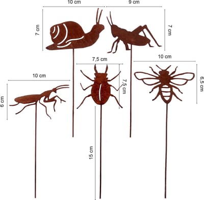 UNUS® Tuinsteker insecten 5-delig klein metaal roest tuindecoratie in wit tuin terras balkon