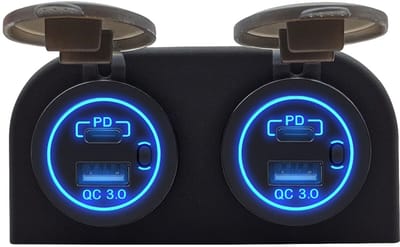 ProRide 12V USB/USB C Stopcontact 4 Poorten met Schakelaar - Tweevoudig Opbouw - QC3.0 - USB Autolader, Boot en Camper - Blauw