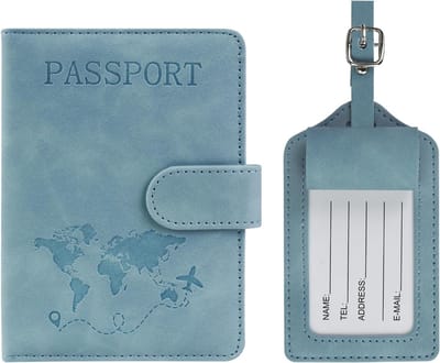 Famanu – Paspoorthoes en kofferlabelset - kunstleer - met meerdere sleuven - hoes voor paspoort - visitekaartjes - creditcards - blauw - 11,5 x 15 cm - Hedendaags
