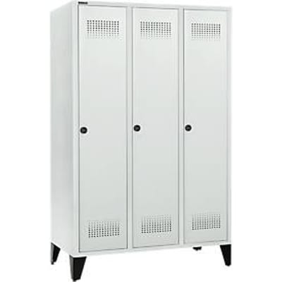 Schäfer Shop Genius Kledinglocker met poten, 3 compartimenten, 400 mm compartimentbreedte, veiligheidsdraaigrendelslot, lichtgrijs/lichtgrijs