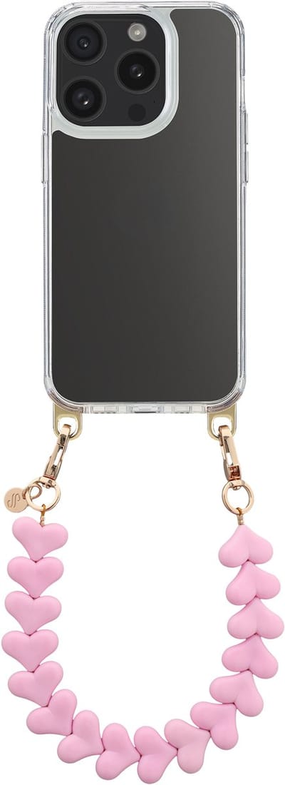 Selencia Transparant Hoesje met Haakjes inclusief Hartjes Polskoord - Geschikt voor Apple iPhone 15 - Cotton Candy