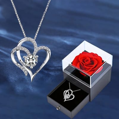Valentijn - Roos met een ketting in doosje - Roos - Zilverkleurig hartketting- Geschenkdoos - Valentijnsdag -Cadeau- Vrouw- Vriendin-Vriend - Huwelijks aanzoek- Moederdag- Verjaardag