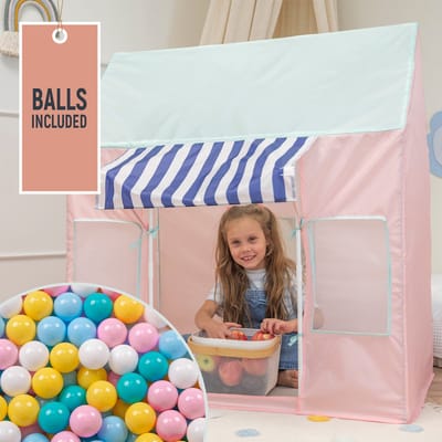 Selonis Kindertent Speelhuisje Met 100 Ballen Opvouwbaar IJssalon Voor Kinderen Speeltent Gemakkelijk Op Tezetten Stimuleert Verbeelding En Creativiteit Ideaal Voor Binnen En Buiten, Roze-Mint:Wit/Geel/Babyblauw/Poederroze/Turquoise