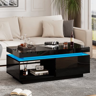 BLACKCOLORS Moderne hoogglans salontafel met ledverlichting, 100x50x40,3 cm – Elegante tafel met lade en een draagvermogen van 50 kg