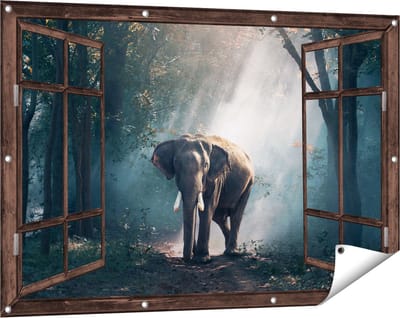 Gards Tuinposter Doorkijk Olifant in het Bos met Zonneschijn - 120x80 cm - Tuindoek - Tuindecoratie - Wanddecoratie buiten - Tuinschilderij