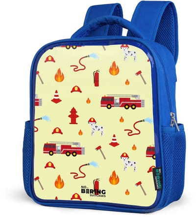 NoBoringSuitcases.com® - Rugzak blauw - Schooltas jongens - Brandweer patroon met voertuigen en vlammen - Kinder rugtas jongen - Boekentas kind - Kinderrugzak voor school - Schoolrugzak