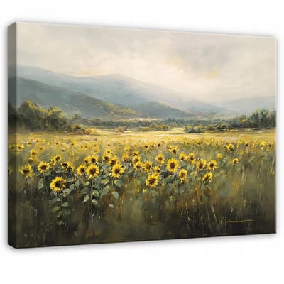 WALLARENA - Schilderij op canvas - 100x70 cm - zonnebloemen op een veld - Geschikt voor slaapkamer, woonkamer, keuken
