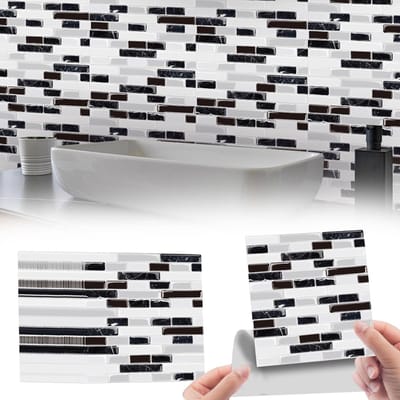 spatwand voor keuken, muurstickers, pvc-tegels, vloerstickers, keuken, 48 stuks, 10 x 10 cm, 3D-mozaïek, zwart en wit, voor muur, keuken, badkamer