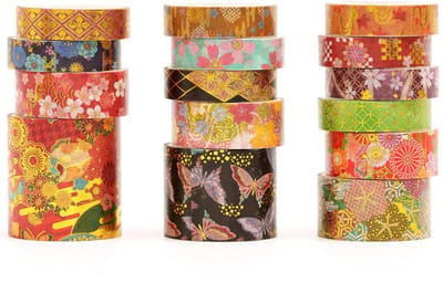 Washi tape set 15 rollen - traditionele kimono stijl - kleurrijk met metallic details - perfect voor creatief knutselen - ShopVlot