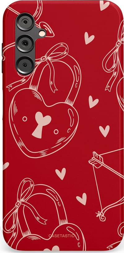 Casetastic Hoesje Geschikt voor Samsung A14 (5G/4G) - Stijlvolle Beschermende Duo-layer Case - Hartendief - Liefdes Slotjes - Valentijn - Valentine - Love - Rood Wit