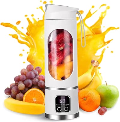 Deze draagbare blender heeft 12 messen, een inhoud van 450 ml, is lichtgewicht en draagbaar (500 g), heeft 3 snelheidsstanden, werkt met 12.000 toeren per minuut en wordt geleverd met een oplaadbare USB-C-batterij en een sapbeker.