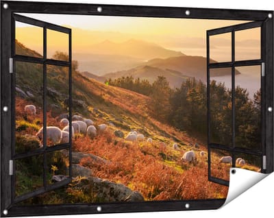 Gards Tuinposter Doorkijk Schapen in de Bergen - 120x80 cm - Tuindoek - Tuindecoratie - Wanddecoratie buiten - Tuinschilderij