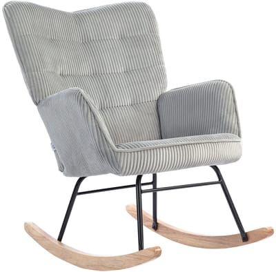 Merax Schommelstoel Met Armleuningen - Ribstof Look Relaxfauteuil Met Houten Schommellatten - Lichtgrijs - 71 x 98 x 101 cm - Belastbaar Tot 120 kg