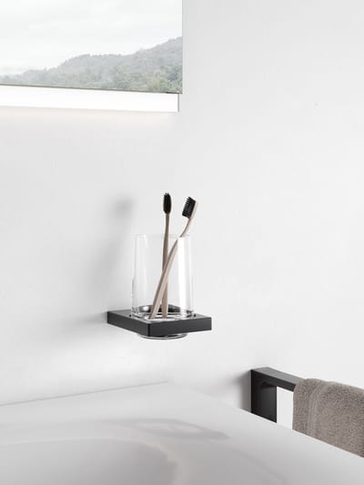 KEUCO tandenborstelhouder matzwart gepoedercoat en transparant kristalglas, glas met houder voor badkamer, tandenborstelhouder, wandmontage, Edition 11 Black Selection Merk: Keuco