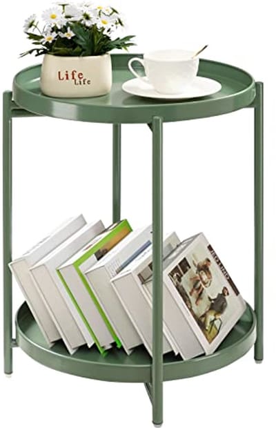 2-Tier Groene Bijzettafel - Opvouwbare Ronde Metalen Tafel met 2 Verwijderbare Lades voor Kleine Ruimtes