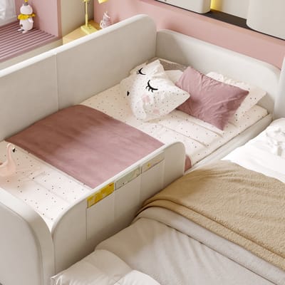 Spleißbett Met Opbergruimte - 90x200 cm - Polsterbett Met 2 Laden & 3 Tassen - Wit - Fluweel - Met Metalen Lattenbodem & Verhoogde Zijkanten