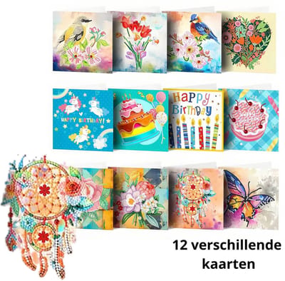 IZGO Diamond Painting Kaarten – 12 Wenskaarten met envelop - Zonder Tekst - Volwassenen – Volledig Hobby Pakket - Diamant schilderen - Verjaardag en Bedankt