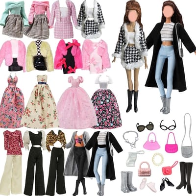24-delige Set Kleding en Accessoires voor Poppen, 11.5 inch Modepop Outfit met Pepita Rok, Zwarte Jas en Windjack - Inclusief Schoenen, Tas en Sieraden voor Stijlvolle en Elegante Looks