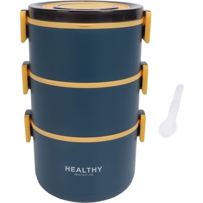 Boîte à Lunch 2200ml Trois Couches Conception à Compartiments Détachables Boîte Bento Ronde Portable pour Maison Bureau bleu