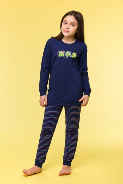 Woody pyjama meisjes/dames - donkerblauw - dino - 242-10-POP-S/889 - maat 152