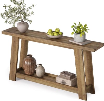 Massief houten tafel - Landelijke bijzettafel - Decoratie en opbergruimte - Twee praktische legplanken - 160 cm lengte - Licht eikenbruin