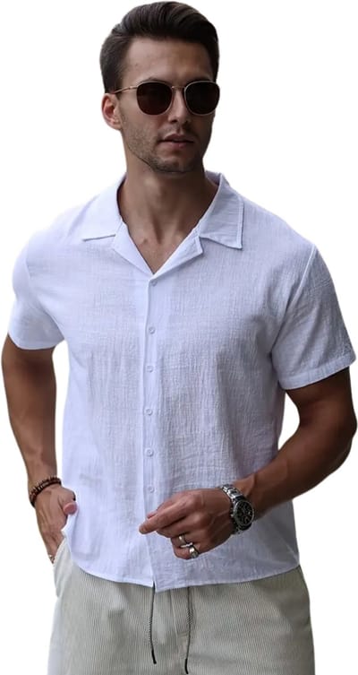 Livano Linnen Blouse Heren - t shirt - Polo - Overhemd - Shirt - Zomer - Ibiza Stijl - Wit - Maat S