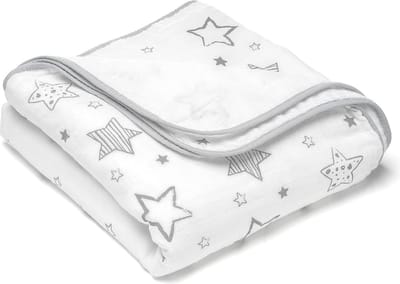 Multifunctionele Babydeken 120 x 120 cm - Oeko-Tex Katoen - Wit/Grijs Sterrenprint