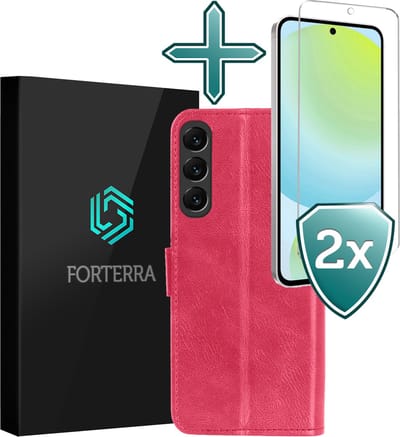 Hoesje Met 2x Screenprotector - Geschikt voor Samsung Galaxy S24 FE - Luxe Pasjeshouder - Flip Case - Bookcase Portemonee - Kunstleer Book Case - Flipcase Hoes - Book Cover - Walletcase - Portemonneehoes - Donkerroze