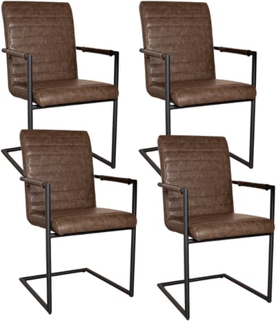 Dimehouse Set van 4 Eetkamerstoelen Bras Industrieel Taupe - Met Armleuningen - Kunstleer - Industrieel