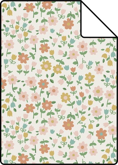 Proefstaal ESTAhome behang bloemetjes okergeel, zacht roze en terracotta - 26.5 x 21 cm - 139467-S