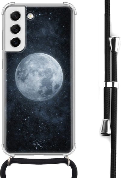 Hoesje met koord geschikt voor Samsung Galaxy S21 FE - Maan - Inclusief koord - Crossbody beschermhoes - Transparant, Blauw - Mooie Telefoonhoesjes
