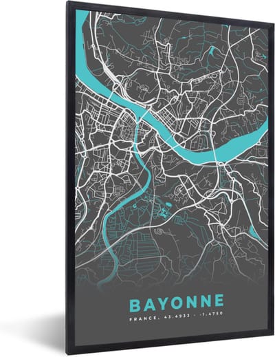 Fotolijst incl. Poster - Bayonne - Plattegrond - Kaart - Stadskaart - Frankrijk - 40x60 cm - Posterlijst