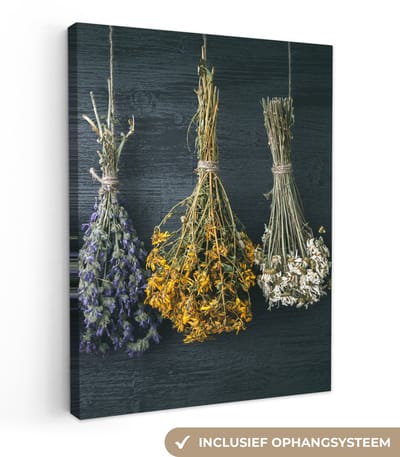 Canvas schilderij 30x40 cm - Wanddecoratie Droogbloemen - Bloemen - Boeket - Stilleven - Touw - Bundel - Muurdecoratie woonkamer - Slaapkamer decoratie - Kamer accessoires - Schilderijen op canvas