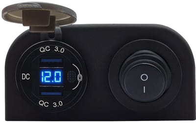 ProRide 12V USB Autolader 2 Poorten Opbouw met Schakelaar/Voltmeter - QC3.0 - DS2120B - Tweevoudig opbouw - Blauw