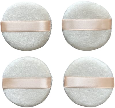 4 Katoenen sponsjes met roze satijn bandje / Fluwelen poederdons - Rond - 6,8 cm