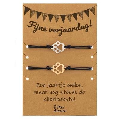 Vriendschapsarmbandjes voor 2 "Fijne Verjaardag" - Hondenpootjes - BFF Armbandjes met Persoonlijk Cadeau Kaartje - Goudkleurig & Zilverkleurig - Elastisch Verstelbaar - Pax Amare