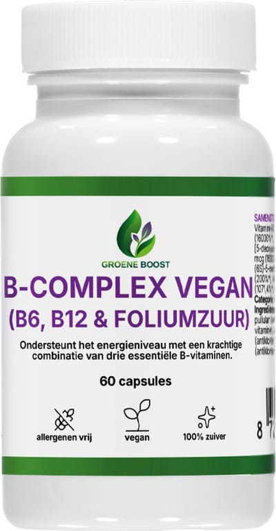 Groene Boost B-Complex Vegan Supplement – 60 Capsules – B-Complex Vitamine B6 Vitamine B12 Foliumzuur Vegan