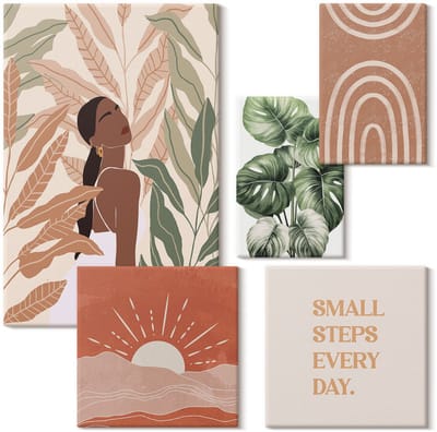 Wallfluent Set van canvas schilderijen - Boho-stijl met plantenmotief en positieve slogans Canvas Schilderijen Set - Set van 5 Canvas Schilderijen - Bruin Set van Canvas Prints - Natuur Canvas Kunst Set - Boheemse Canvas Kunst Set